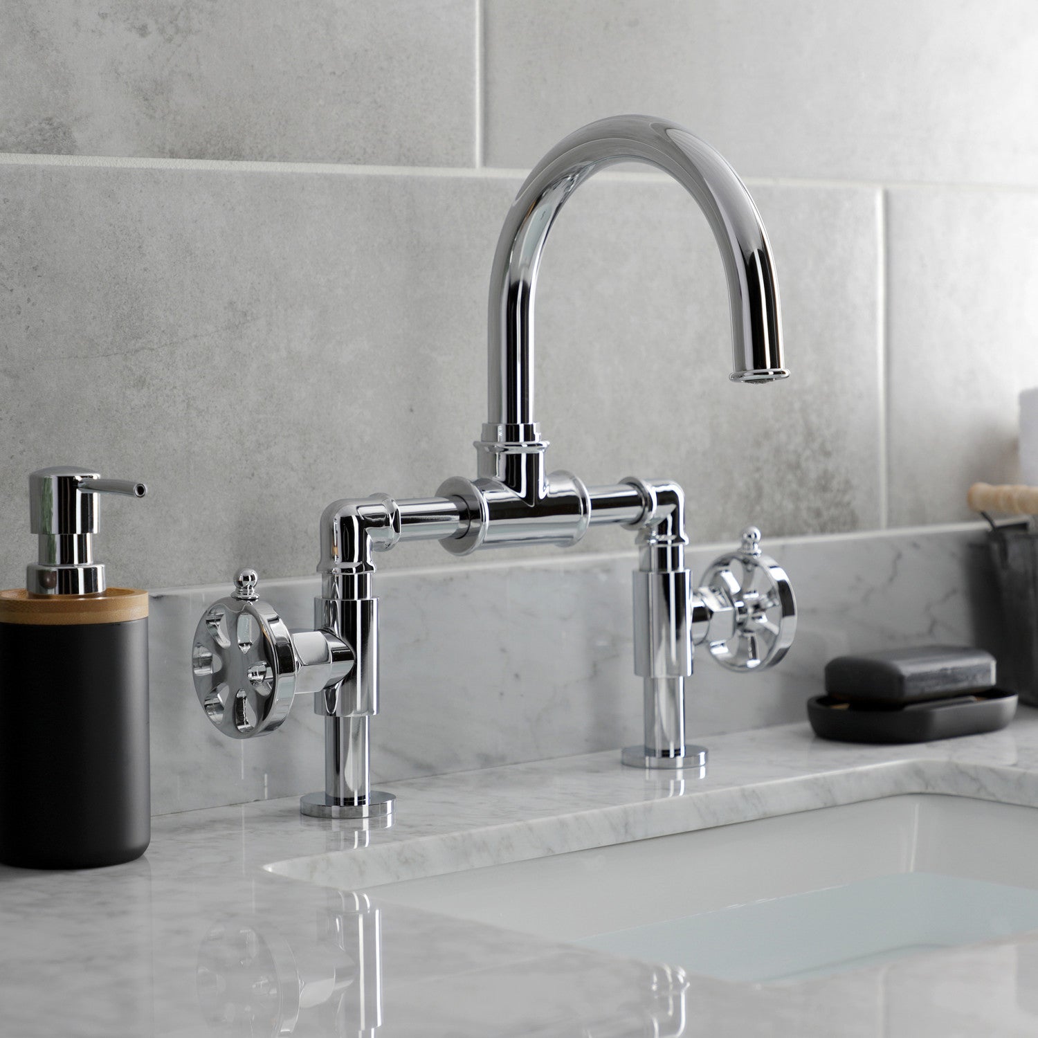 Kingston Sona KS2171RX - Belknap Two-Handle 2-Hole Deck Mount Bridge Bathroom Faucet with Push Pop-Up Drain, Polished Chrome — thumbnail 3